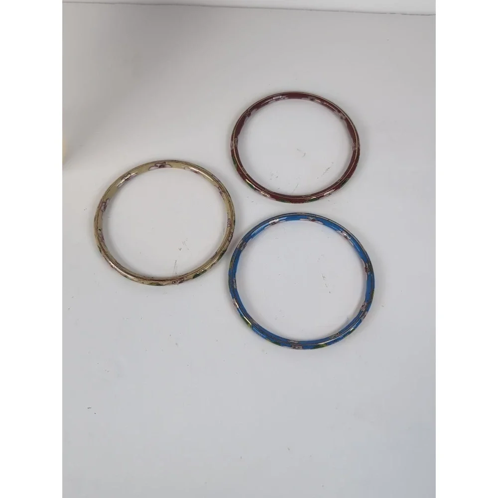Cloisonné Bangles Bracelet Set of 3 Floral Metal Enamel Jewelry Vintage Retro
